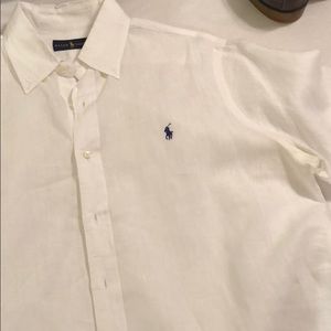 Mens 100% linen white Polo beach shirt